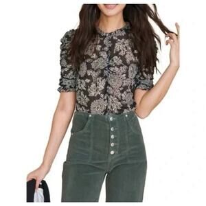 NWT Veronica Beard Natuka Blouse Black Multi Silk XL Romantic Dressy Lightweight